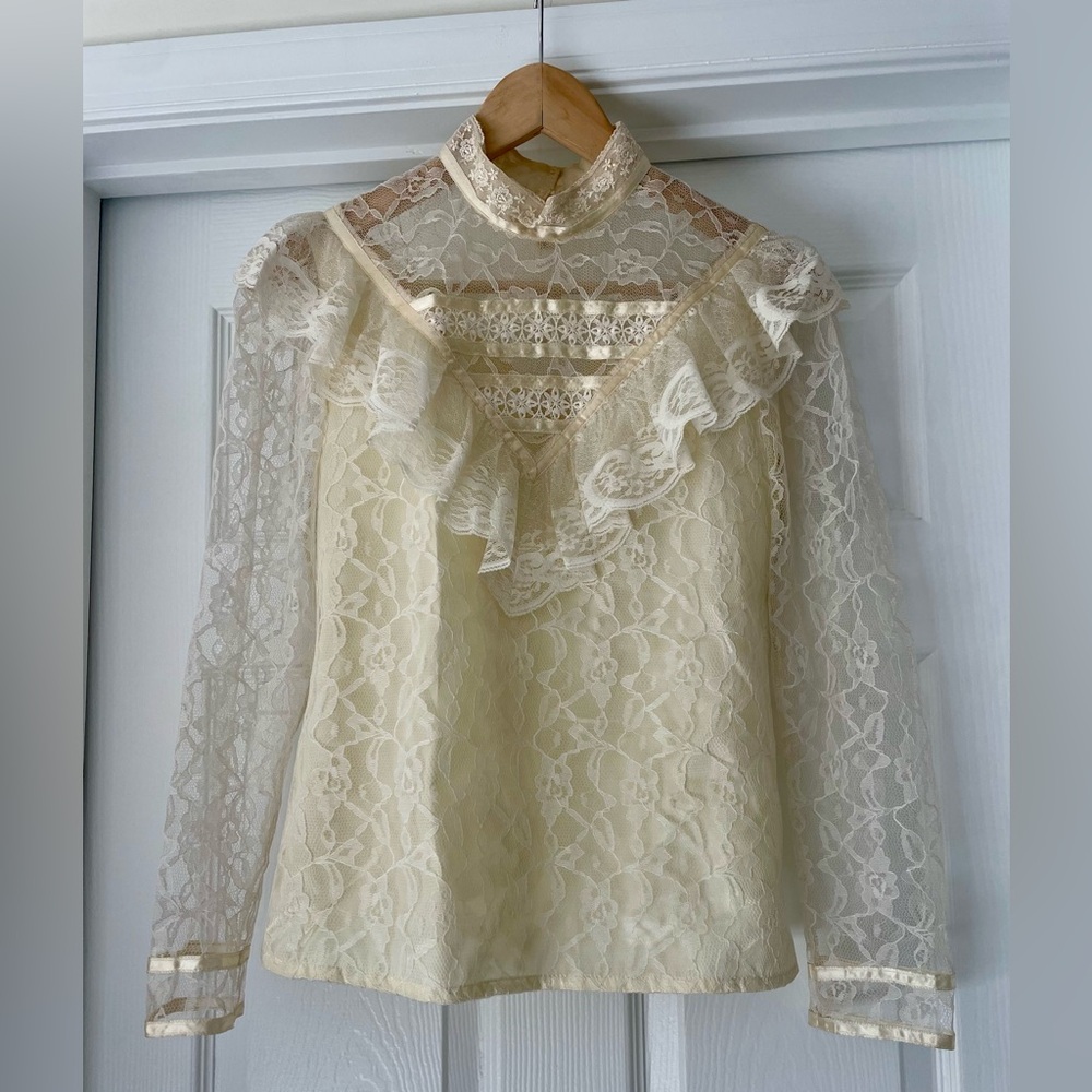 Gunne Sax Vintage 70s Ivory & Buttercream Victorian Semi Sheer Lace Blouse